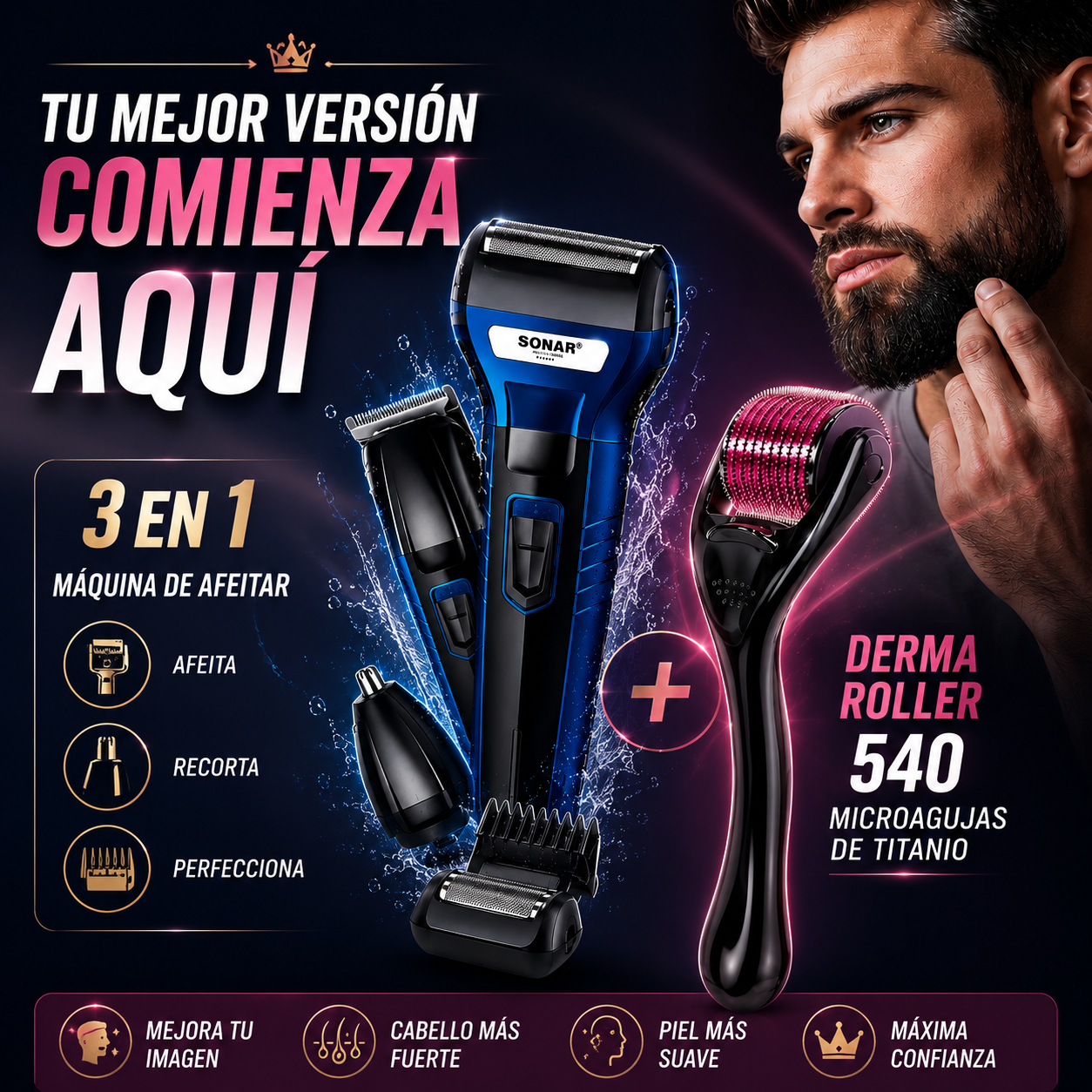 PACK MÁQUINA DE AFEITAR SONAR 3EN1 + DERMA ROLLER DE REGALO